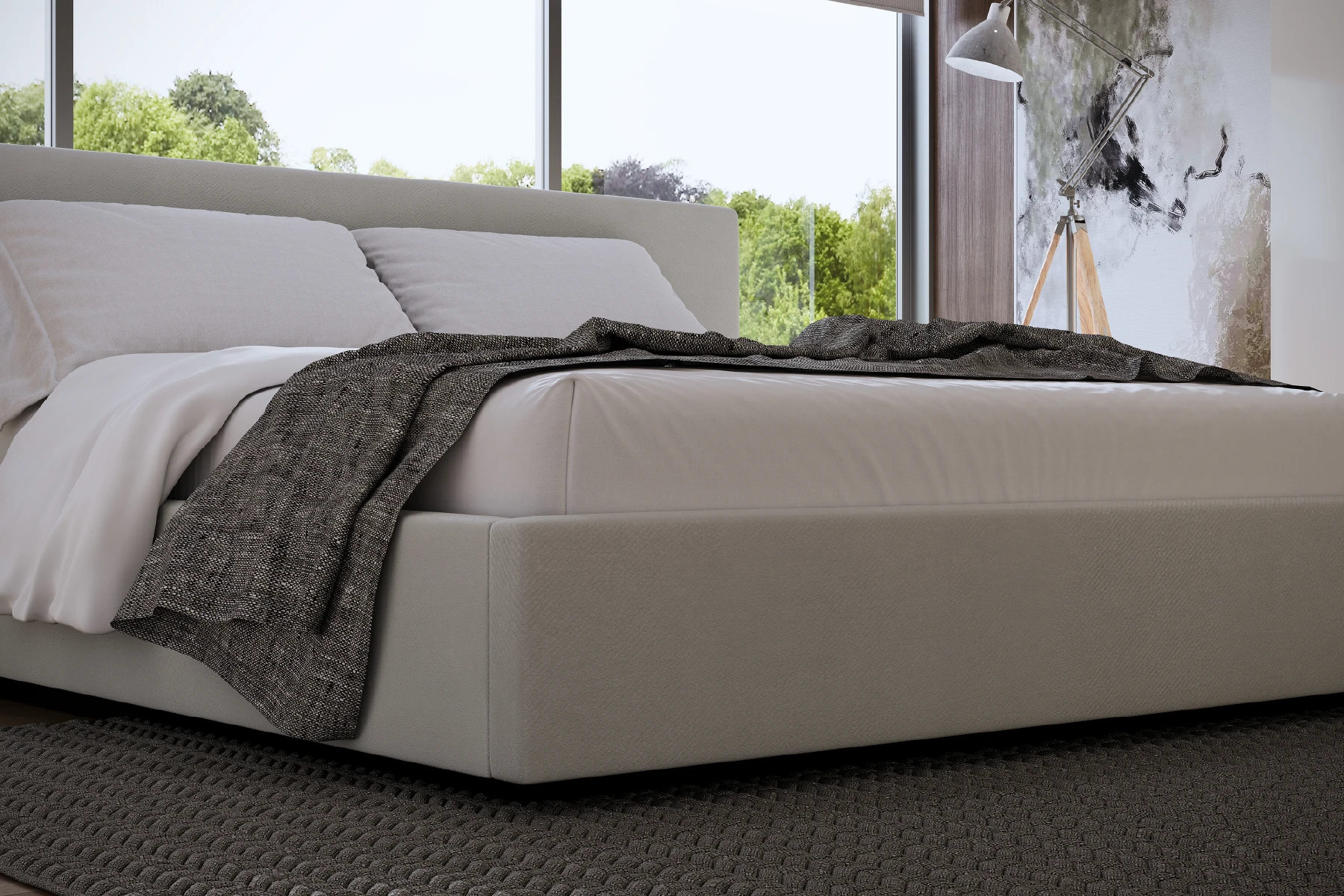 Detail van de brede, gestoffeerde bedombouw van design bed N°5