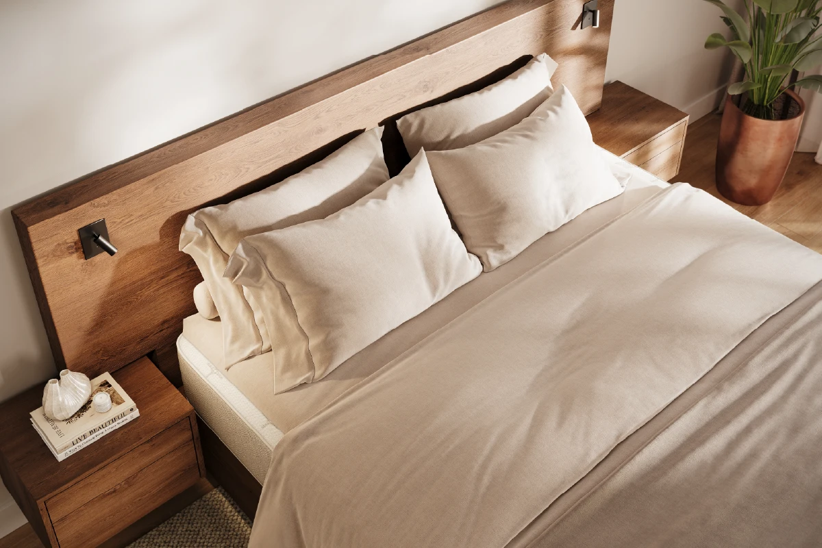 Detail van houtstructuur en afwerking van een houten bed