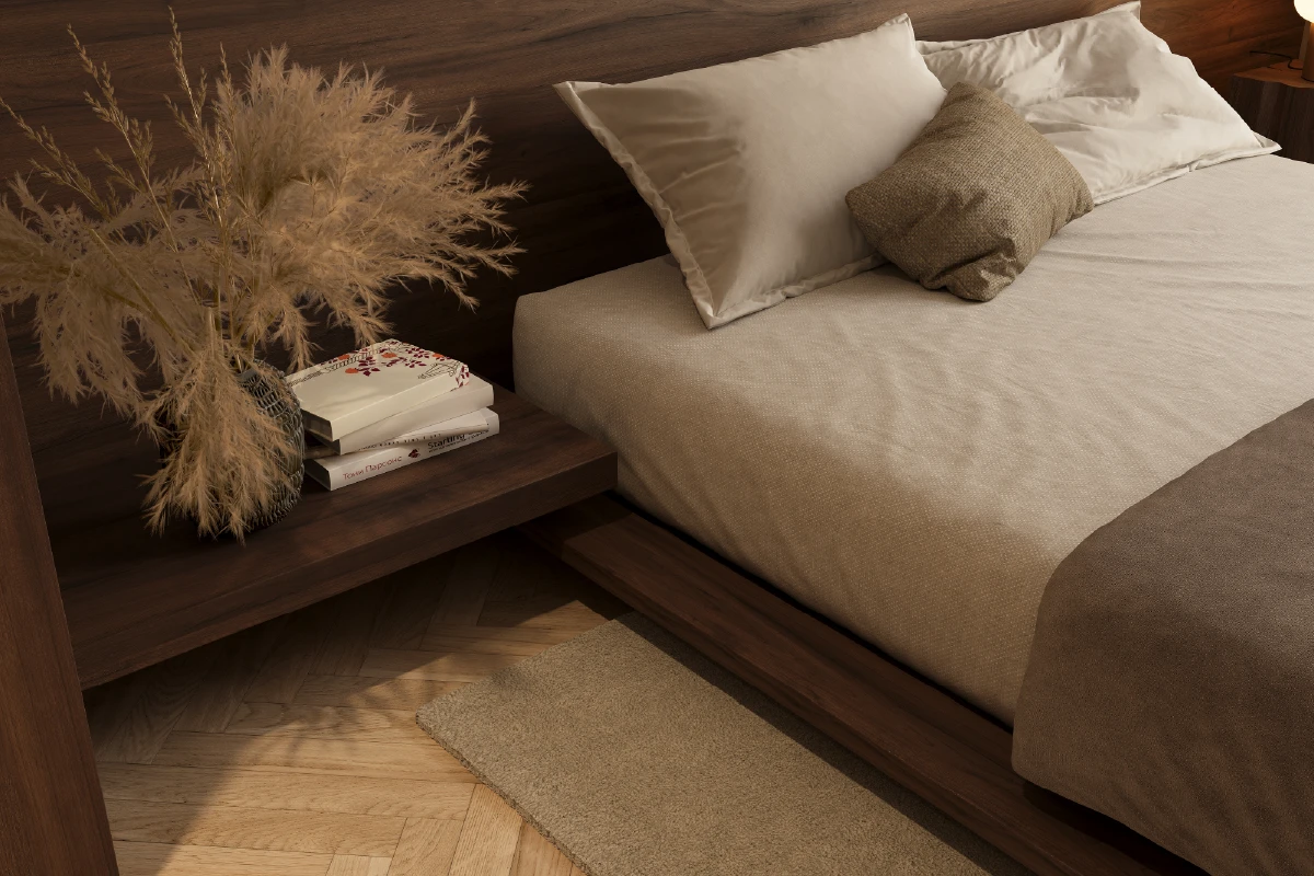 Close-up van het zwevende nachtkastje aan het hoofdpaneel