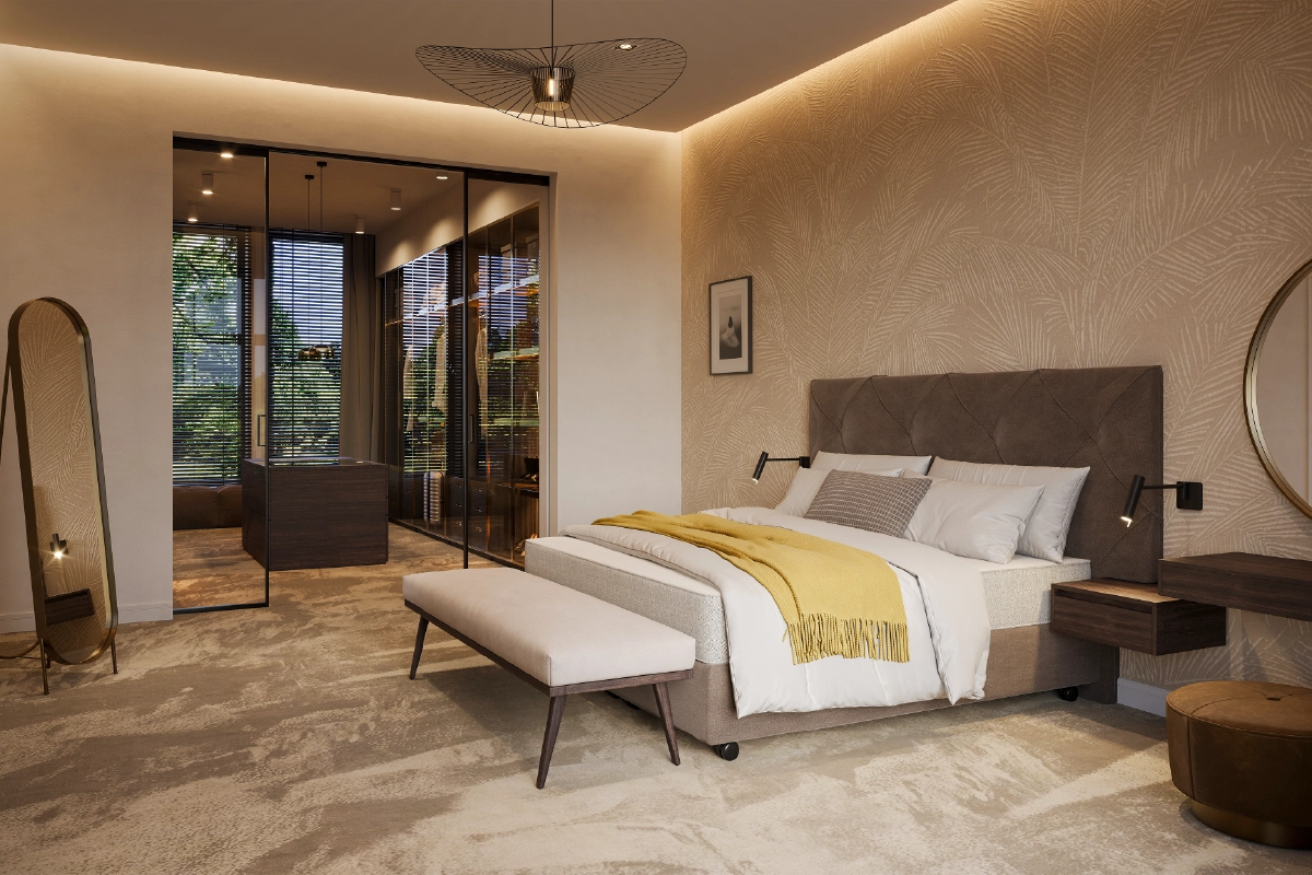 Slaapkamer met inloopkast en glazen deuren