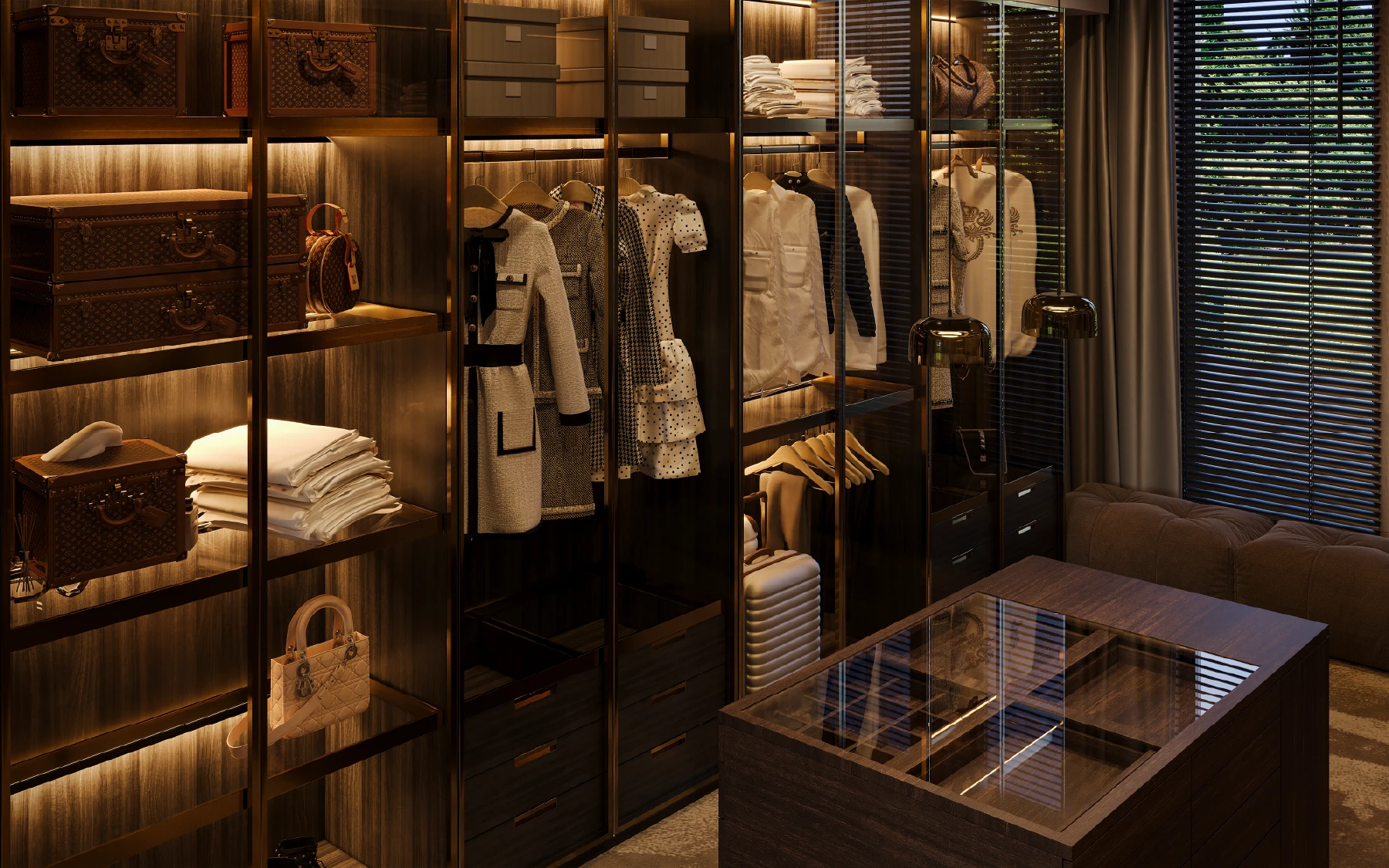 Binnenzijde inloopkast met verlichting