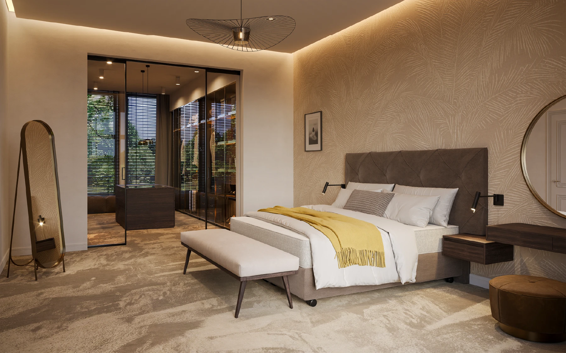 Luxe slaapkamer met beddesign Finotôre en inloopkast met glazen deuren