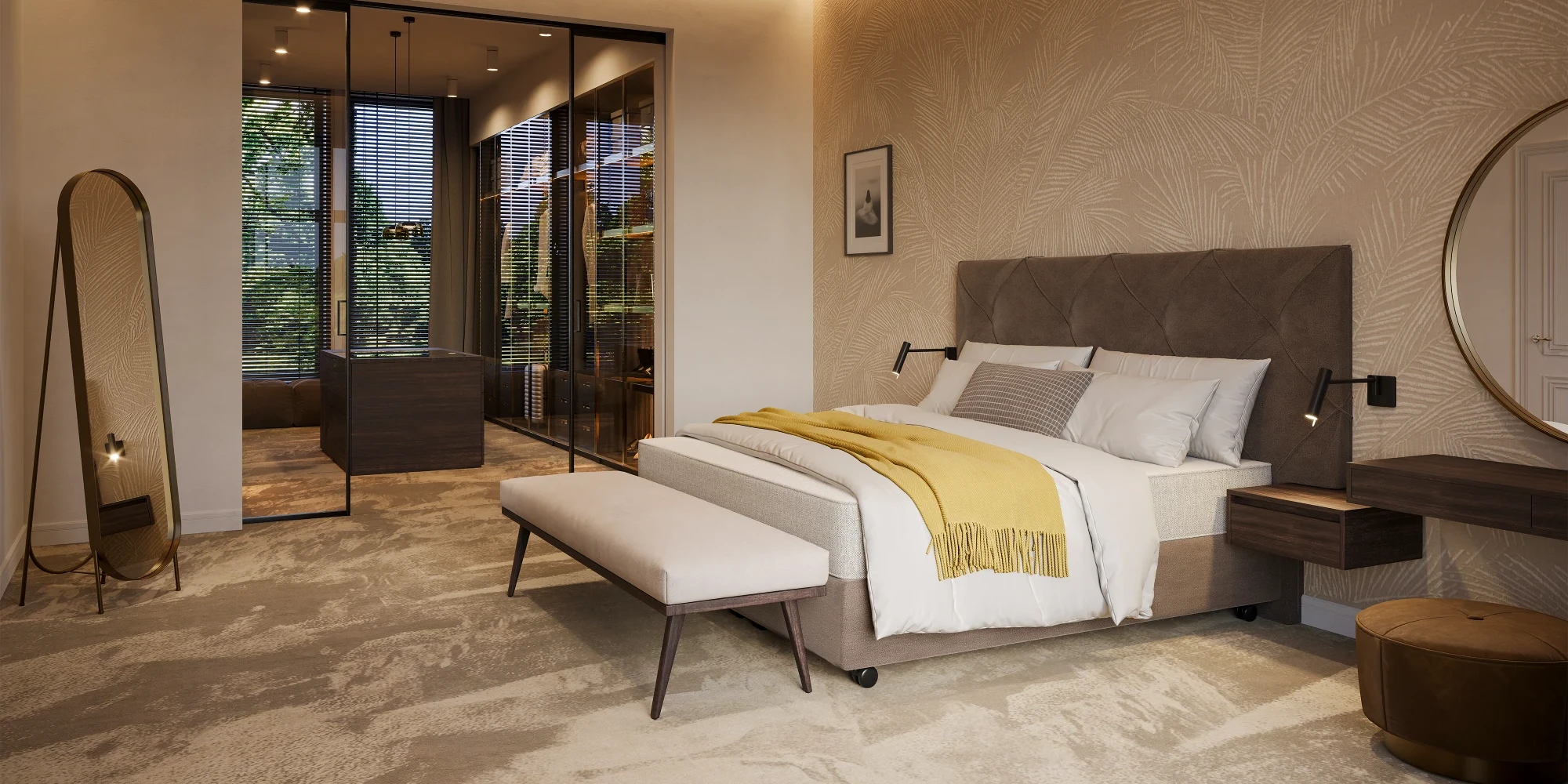 Overzicht van luxe slaapkamer met inloopkast en Finotôre bed