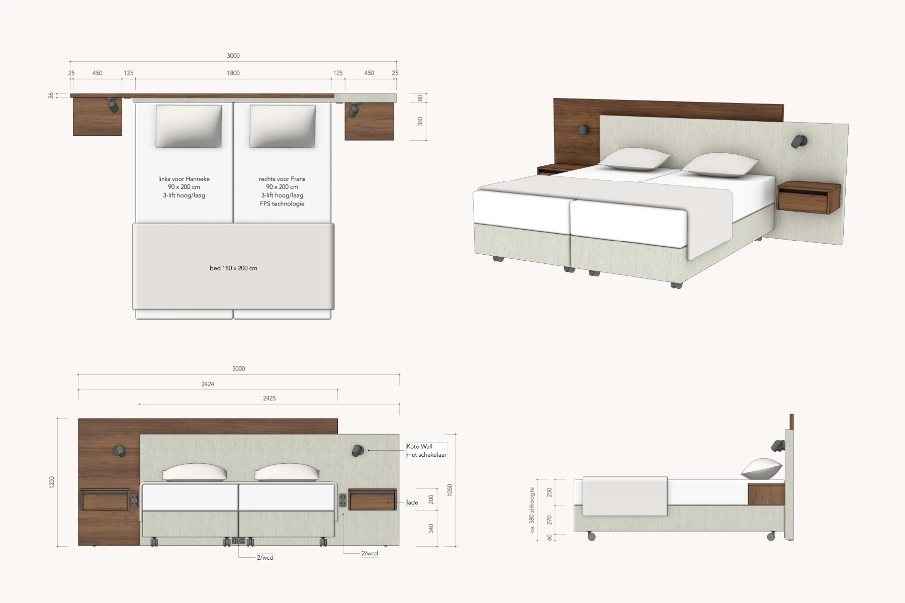tekening van model Duo Pezze met bedset N°1