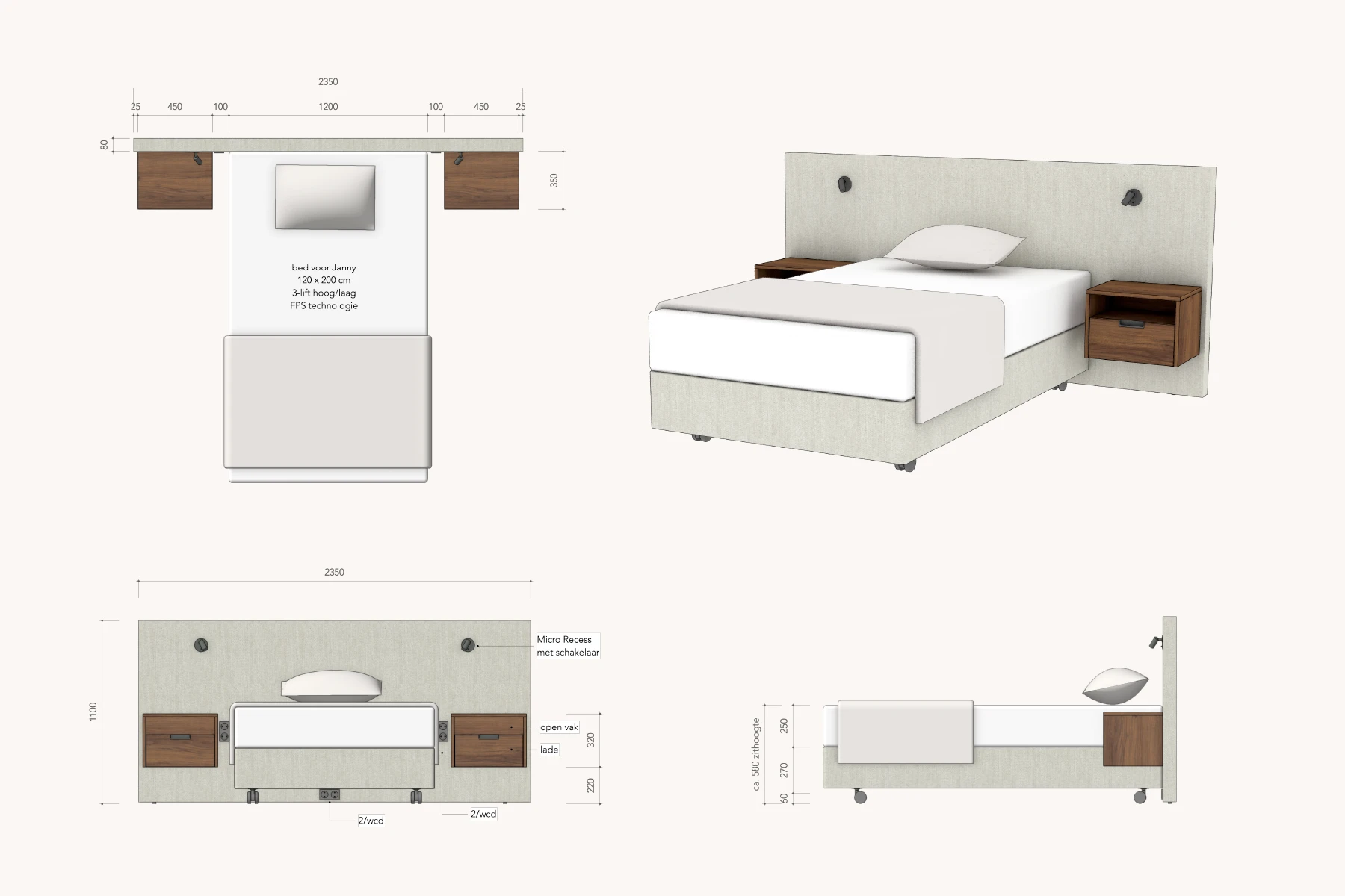 Tekening van model Unomezzo met bedset N°3