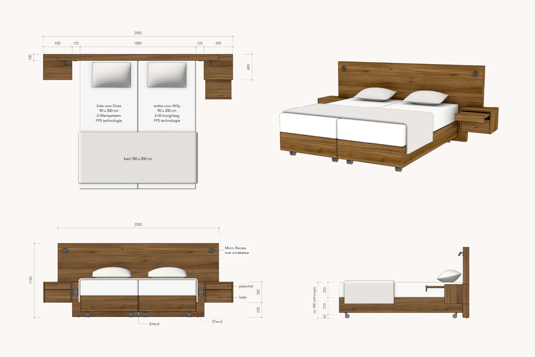 Tekening van het houten seniorenbed