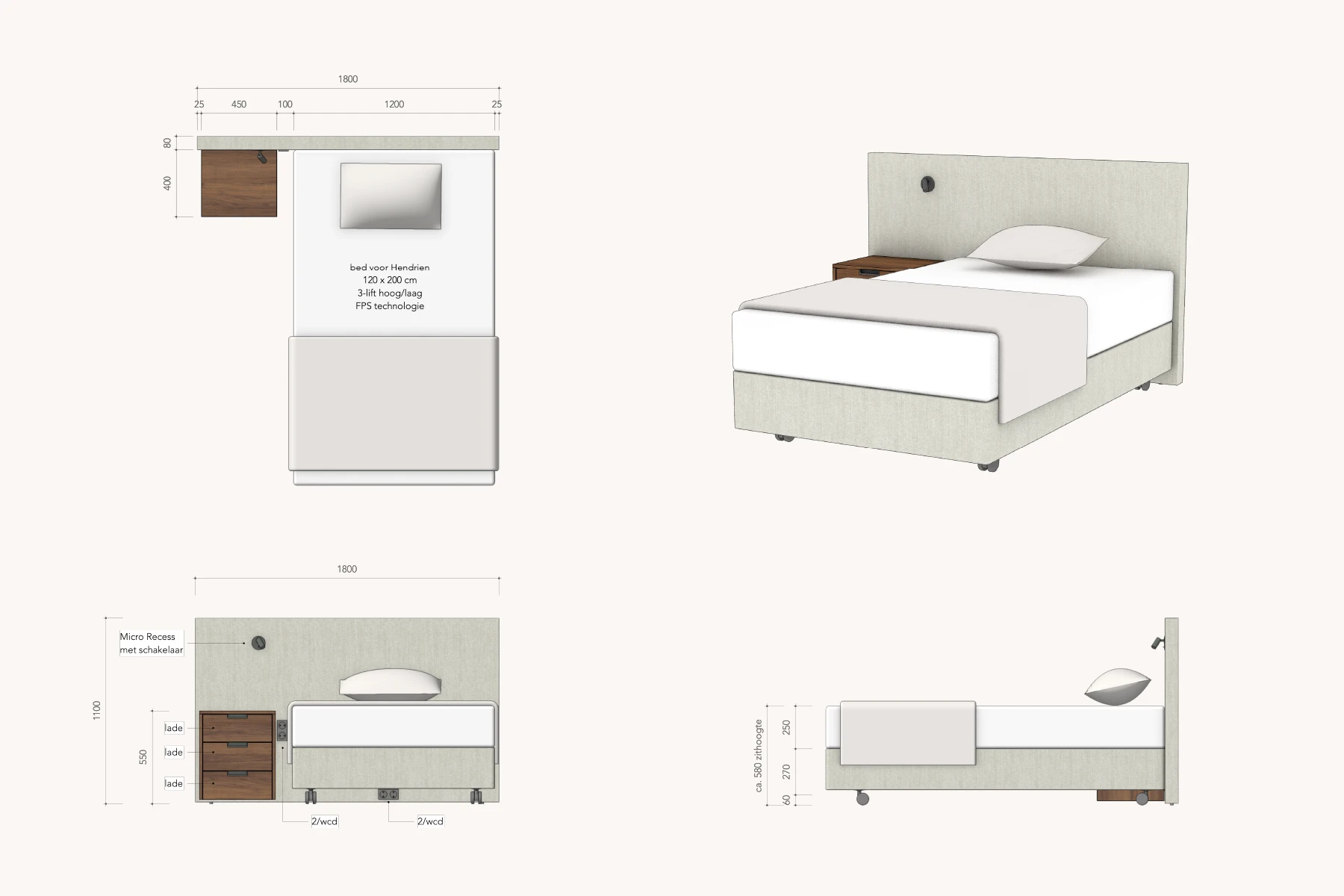 Tekening van seniorenbed Ferrara 120 cm breed