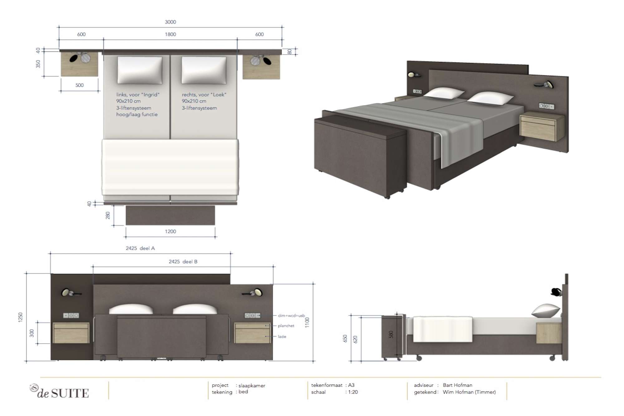 Ontwerptekening van het bed met hoofdpaneel Duo Pezze